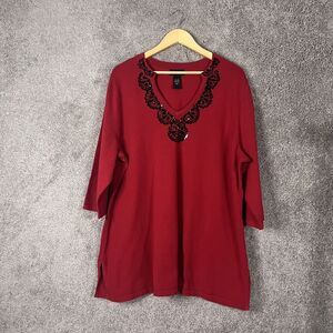 Lane Bryant Sweater Womens 22/24W Red 3/4 Sleeve Beaded V-Neck Pullover Cotton